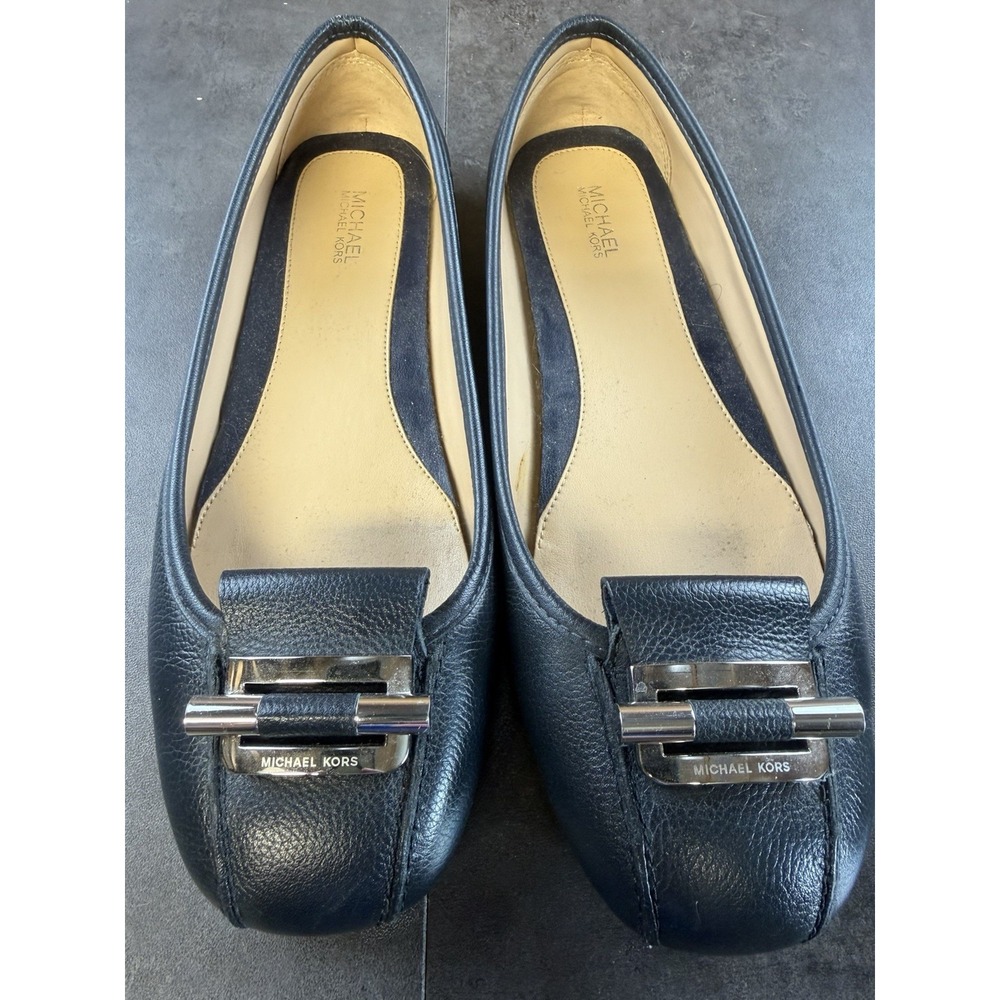 Michael Kors Women's Navy Blue Leather Ballet Flats Silver Buckle Size 8-CLEAN